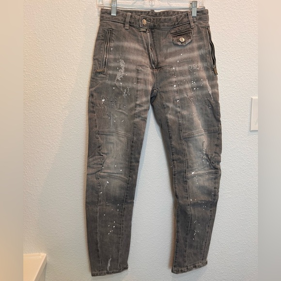 DSQUARED2 classic Kenny twist grey embroidered paint splatter zip hem jeans